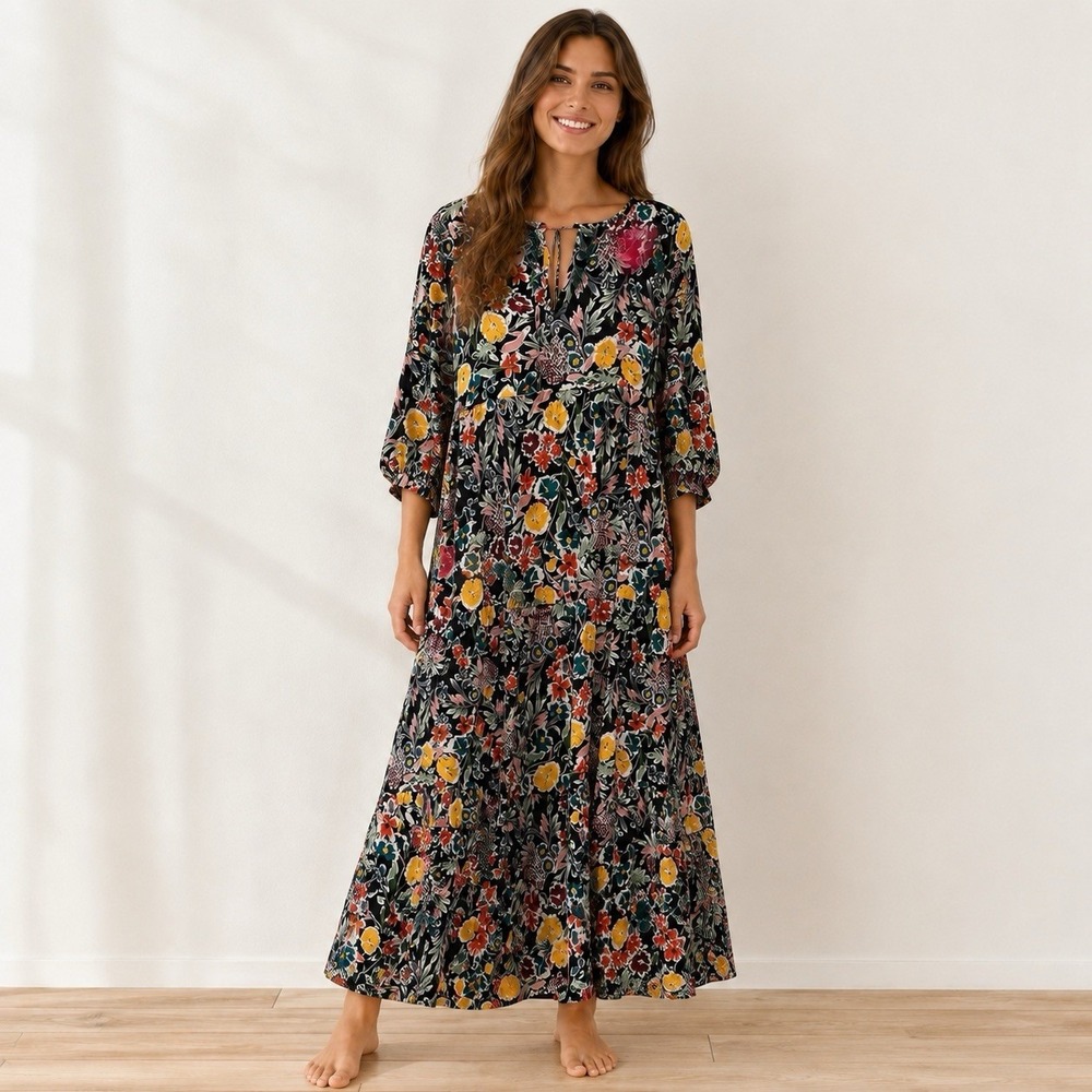Natural Life L/XL Floral Tiered Maxi Dress Boho Rayon Black Multicolor  Boho